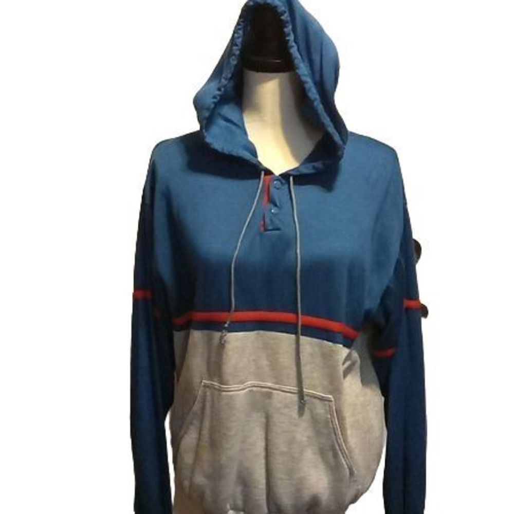 Vintage Repage Blue Gray Red Color Block Quarter Snap Pullover Hoodie Men's Size